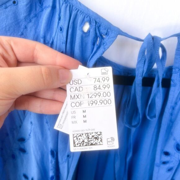 NWT H&M Blue Embroidered Eyelet Lace Long Puff Sleeve Open Back Midi Dress - Picture 13 of 14